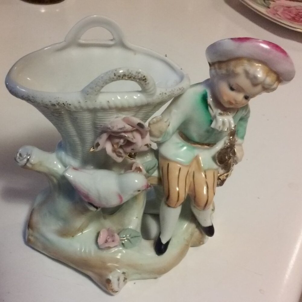 Vintage Statue Vase Child Basket Bird Flowers Real Gold on Flowers Bow Basket 6"